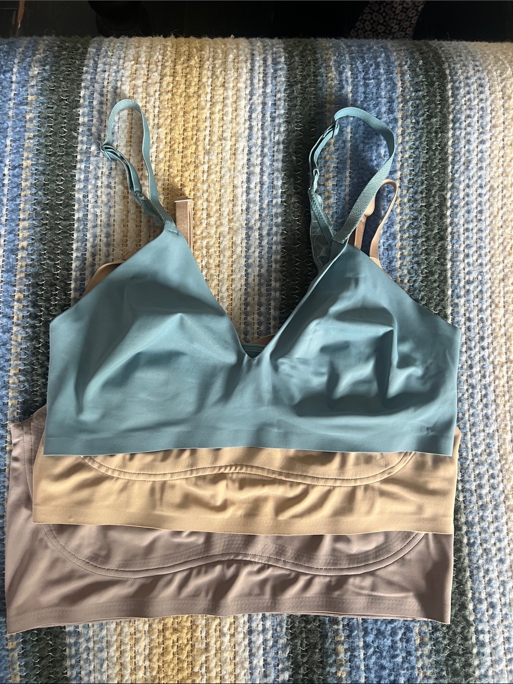 Set of 3 True & Co. Blue, Beige and Taupe Wireless Bralette Set 34-36 C and D